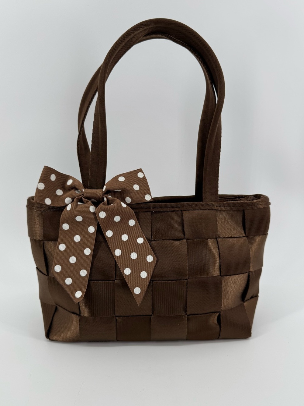 Brown Woven Ribbon Shoulder Bag with Polka Dot Bow